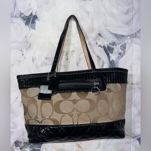 Vintage Y2K Coach Signature Poppy Quillted Detail Tote Handbag Leather Trim